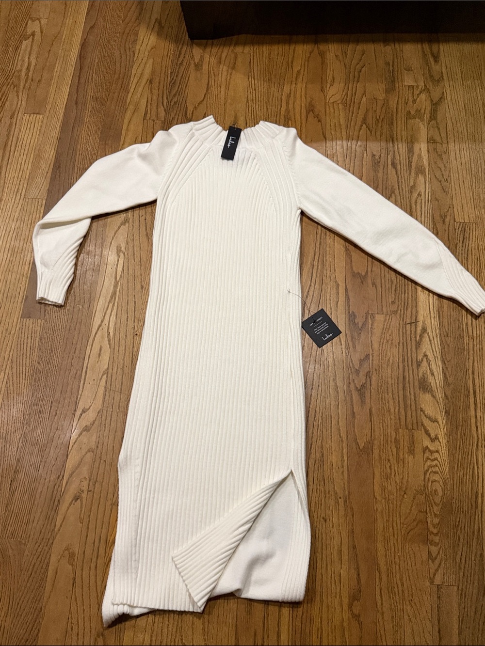 Lulu's Cream Ribbed Long Sleeve Knit Dress with Side Slit